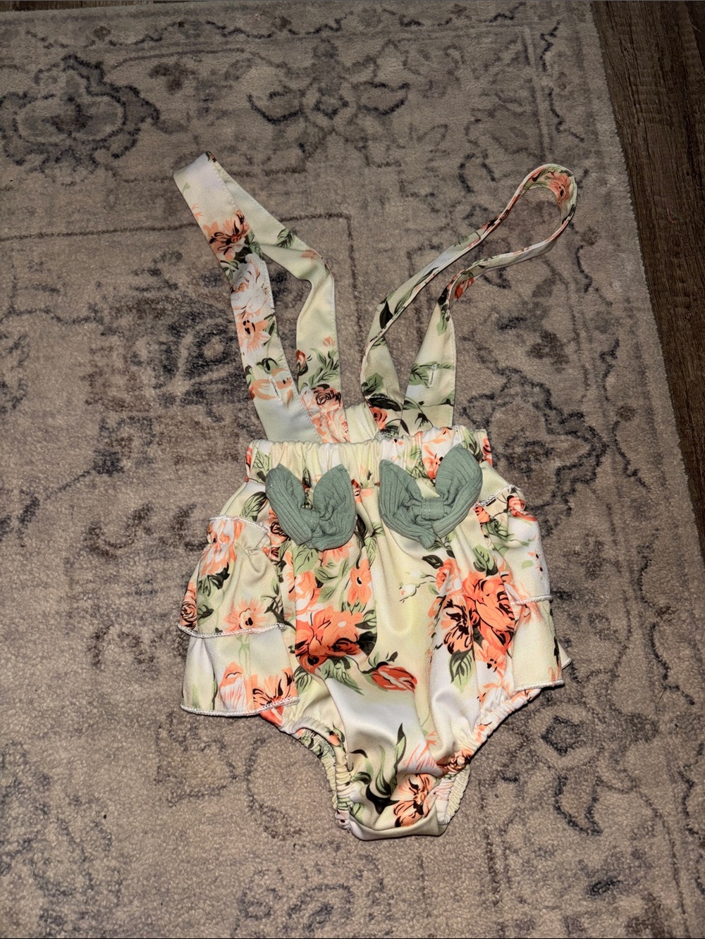 SHEIN Cream Floral Ruffle Overalls with Green Leaf Accents
